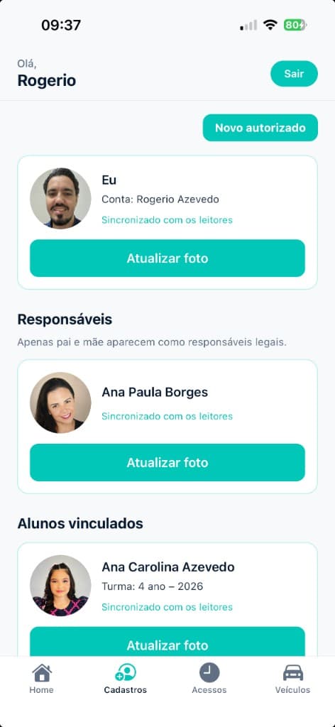 Tela Cadastros com perfil do responsável, cônjuge e alunos vinculados