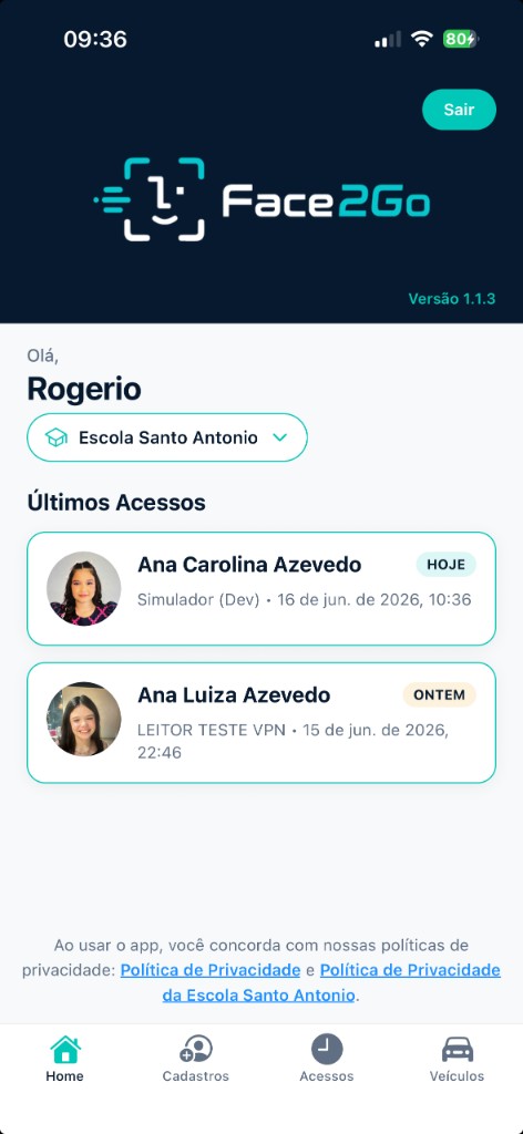 Tela Home do Face2Go — Escola Segura com últimos acessos e seletor de escola