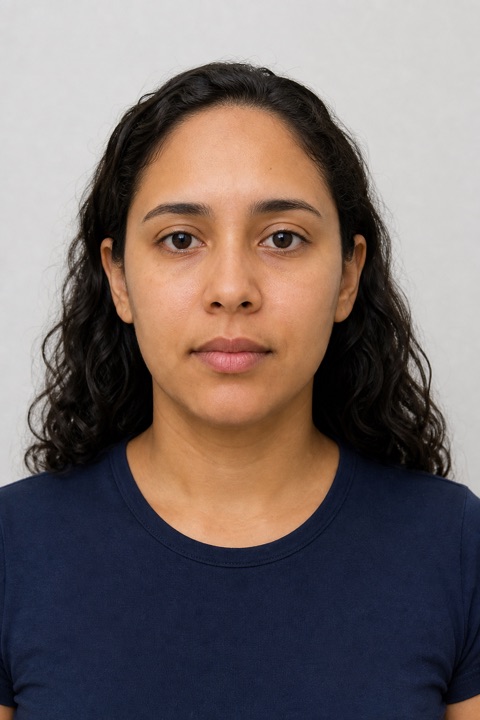 Retrato frontal correto, com o rosto centralizado e olhando para a câmera